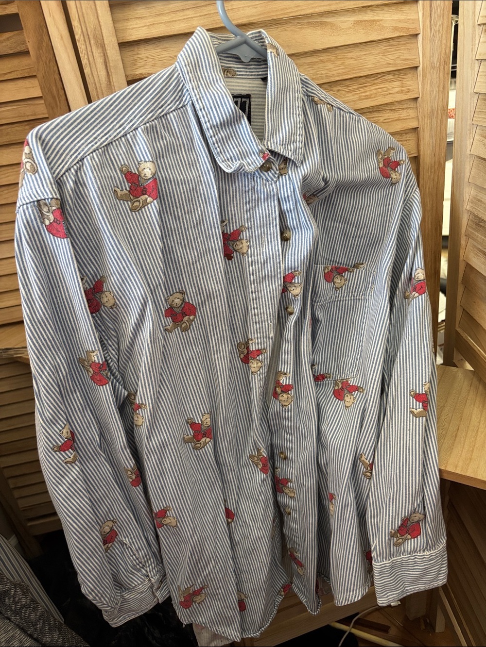 Striped Blue Teddy-Print Button-Up Shirt Large
